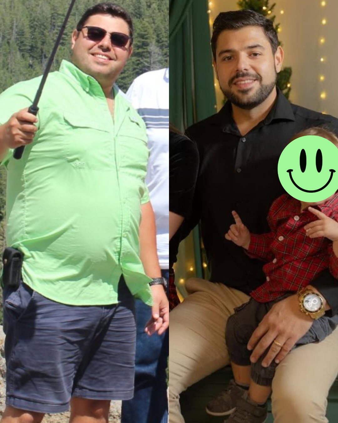 Side-by-side photographs of the author before and after the change in body composition described in this article.